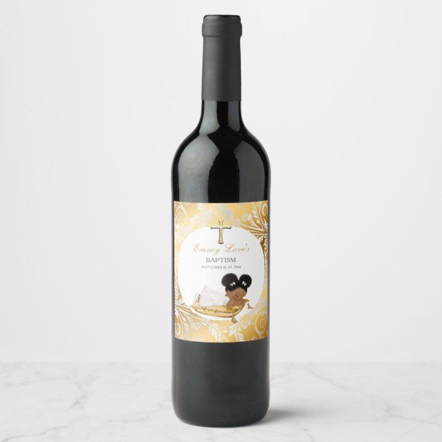 Baby Girl Ethnic Christening Baptism Gold Silver Wine Label (Front)