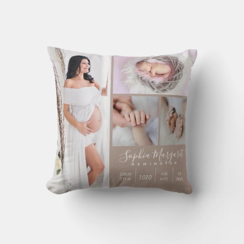 Baby Girl Family Photo Keepsake Beige Throw Pillow