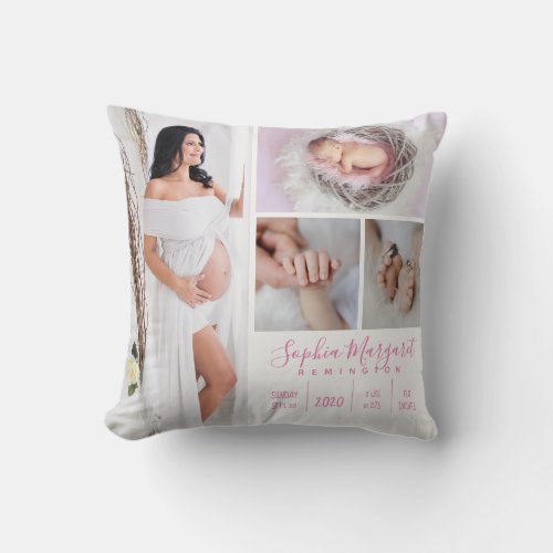 Baby Girl Family Photo Keepsake Pink Throw Pillow