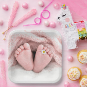 Baby Girl Feet with a White Daisy Paper Plates