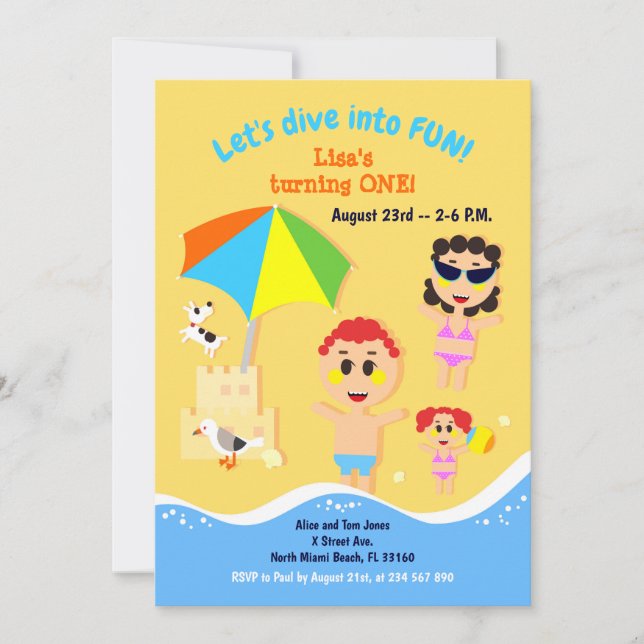 Baby girl first birthday beach party invitation (Front)