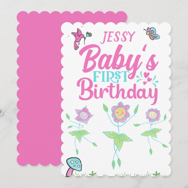 Baby Girl First Birthday  Invitation (Front/Back)