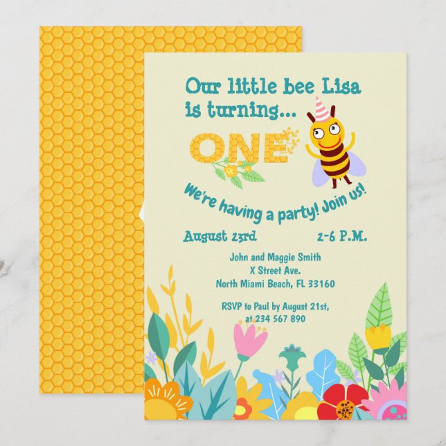 Baby girl first birthday little bee party  invitat invitation (Front/Back)