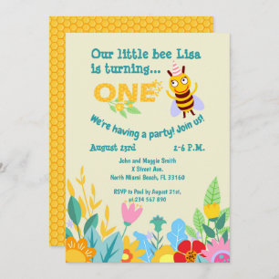Baby girl first birthday little bee party invitat invitation