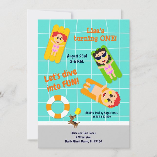 Baby girl first birthday pool party invitation (Front)