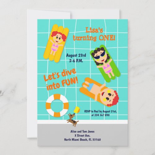 Baby girl first birthday pool party invitation