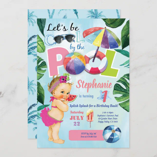 Baby girl first birthday pool party tropical invitation | Zazzle