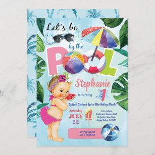 Baby girl first birthday pool party tropical invitation