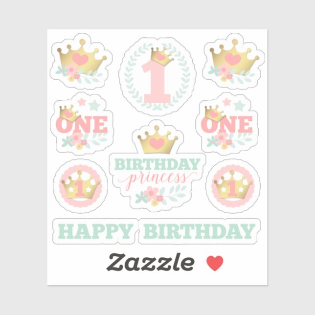 Baby Girl First Birthday Princess Crown Pink Party Sticker (Sheet)