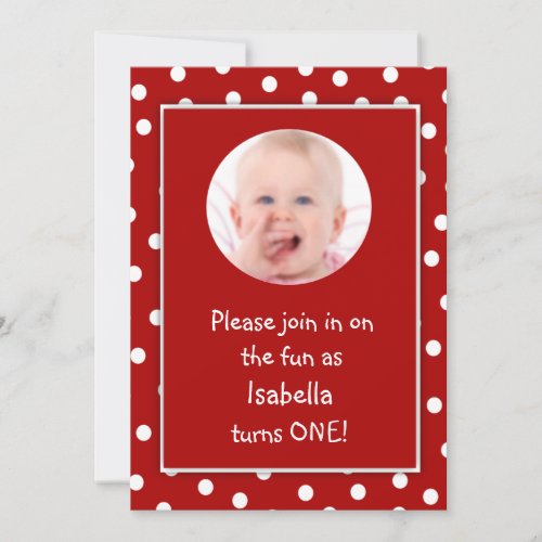 Baby Girl First Birthday Red Polka Dots Photo Custom Announcement