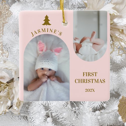 Baby Girl First Christmas Arch Photo Blush Pink  Ceramic Ornament