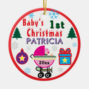 Baby Girl First Christmas Baby Carriage NAME Ceramic Ornament
