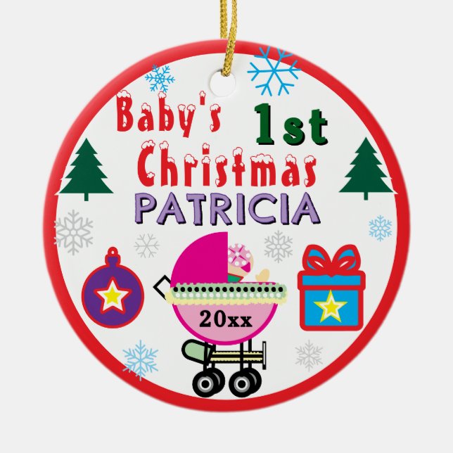 Baby Girl First Christmas Baby Carriage NAME Ceramic Ornament (Front)