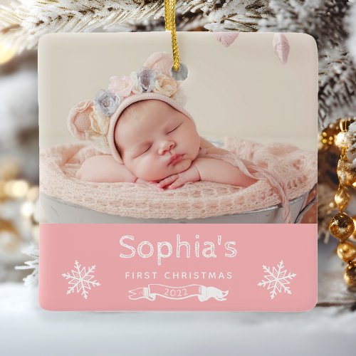 Baby Girl First Christmas Custom Photo Pink Ceramic Ornament
