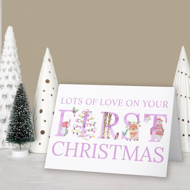 Baby Girl First Christmas Cute Animal Personalized Holiday Card (Baby Girl 1st Christmas Card. Buy professionally printed or as a printable digital download.)