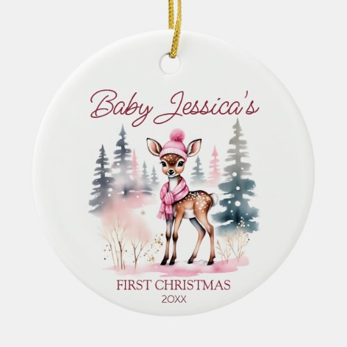 Baby girl first Christmas cute deer photo template Ceramic Ornament