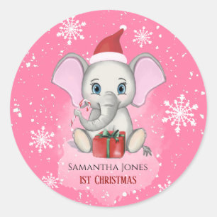 Baby Girl First Christmas Cute Elephant Holidays Classic Round Sticker