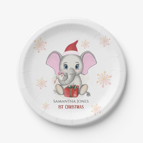 Baby Girl First Christmas Cute Elephant Holidays Paper Plates