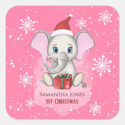 Baby Girl First Christmas Cute Elephant Holidays Square Sticker