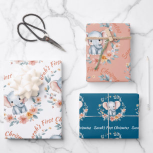 Baby Girl First Christmas Elephant Pink Name Wrapping Paper Sheets