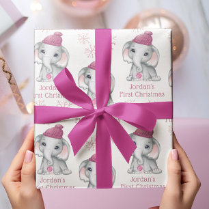 Baby Girl First Christmas Elephant Pink Snow Name Wrapping Paper Sheets