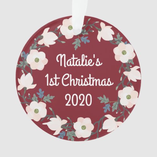 Baby Girl First Christmas Floral Burgundy Photo Ornament