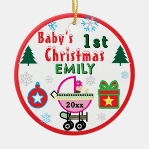 Baby Girl First Christmas Green NAME Ceramic Ornament