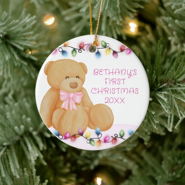 Baby Girl First Christmas Lights Teddy Bear Photo Ceramic Ornament (Tree)