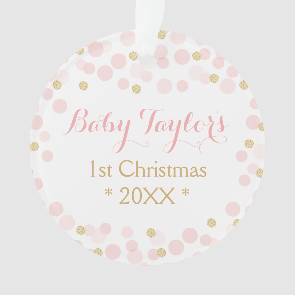 Baby Girl First Christmas Ornament, Pink Gold Dots Ornament