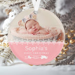 Baby Girl First Christmas Personalized Photo Pink Ornament<br><div class="desc">Celebrate a special baby girl's first Christmas with this adorable keepsake ornament,  featuring white snowflakes and text on a pink background. Personalize it with baby's photo,  name,  and birth year.</div>