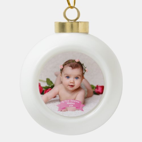 Baby Girl First Christmas Photo Ceramic Ball Christmas Ornament