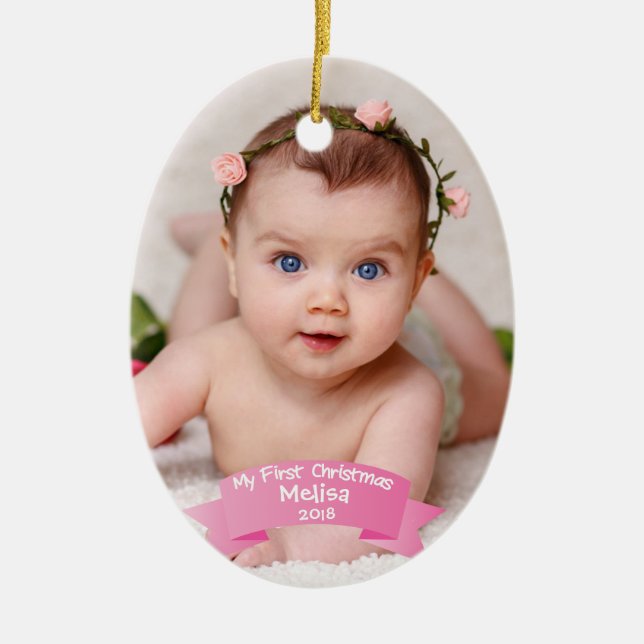 Baby Girl First Christmas Photo Ceramic Ornament (Front)