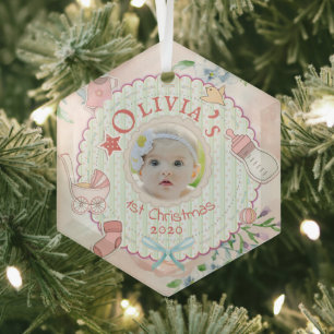 Baby Girl First Christmas Photo Glass Ornament