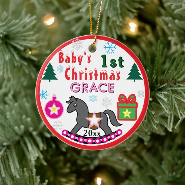 Baby Girl First Christmas PHOTO Pink Gray Horse  Ceramic Ornament (Tree)