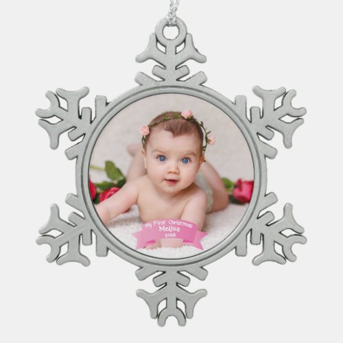 Baby Girl First Christmas photo Snowflake Pewter Christmas Ornament
