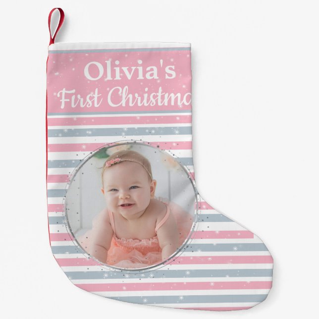 Baby Girl First Christmas Photo Stocking (Front)