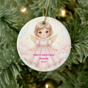 Baby Girl First Christmas Pink Angel Photo Ceramic Ornament
