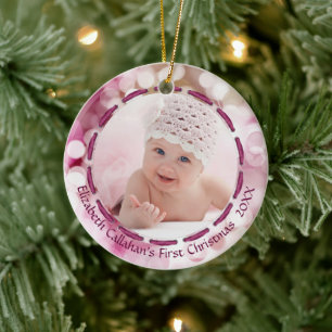 Baby Girl First Christmas, Pink Bokeh, Two Photos Ceramic Ornament