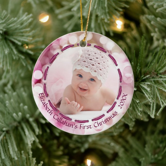 Baby Girl First Christmas, Pink Bokeh, Two Photos Ceramic Ornament (Tree)