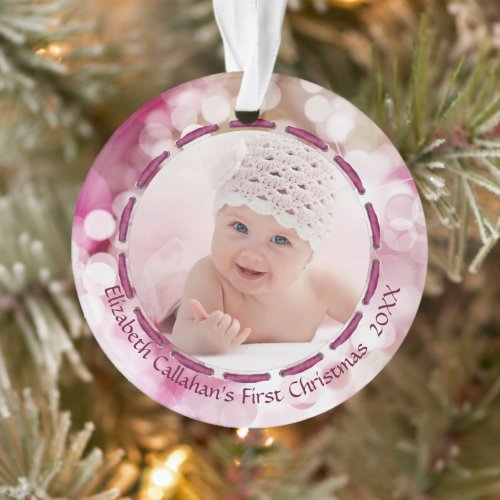 Baby Girl First Christmas Pink Bokeh Two Photos Ornament