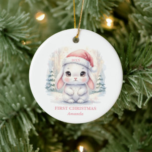 Baby Girl First Christmas Pink Bunny Photo Ceramic Ornament