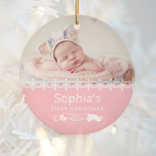 Baby Girl First Christmas Pink Custom Photo Ceramic Ornament