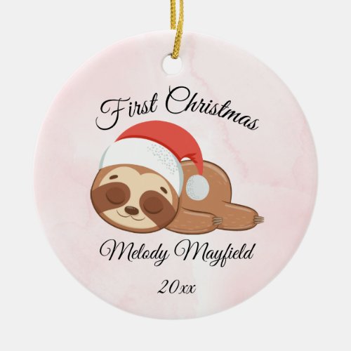 Baby Girl First Christmas Pink Cute Sloths 2023 Ceramic Ornament