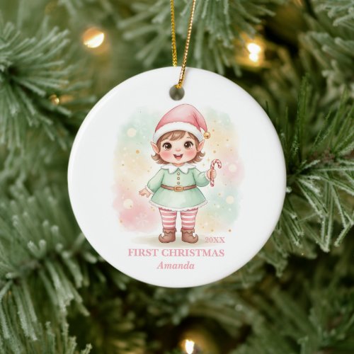 Baby Girl First Christmas Pink Elf Photo Ceramic Ornament