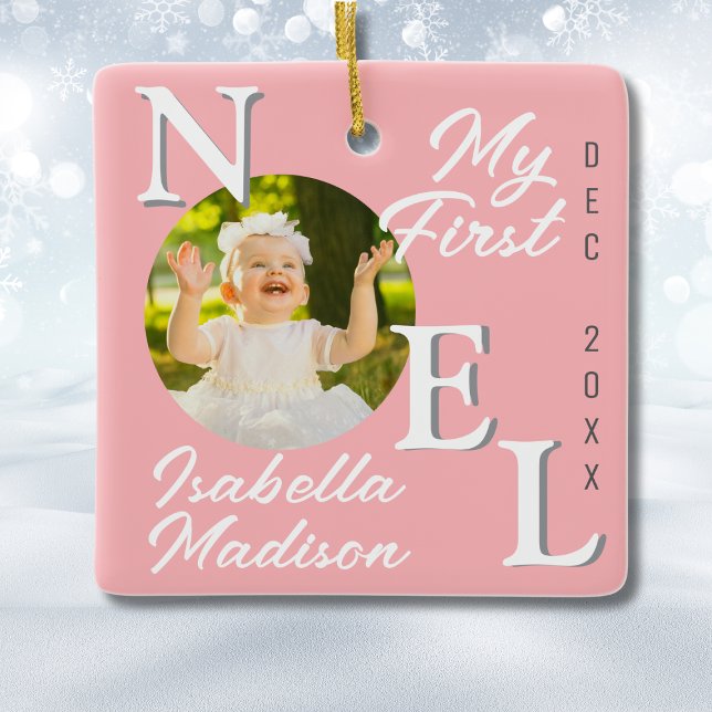Baby Girl First Christmas Pink Noel Photo Keepsake Ceramic Ornament (Creator Uploaded)