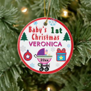 Baby Girl First Christmas Pink Purple Carriage  Ceramic Ornament