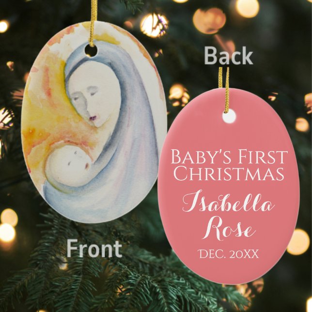 Baby Girl First Christmas Pink Religious Non Photo Ceramic Ornament (Creator Uploaded)
