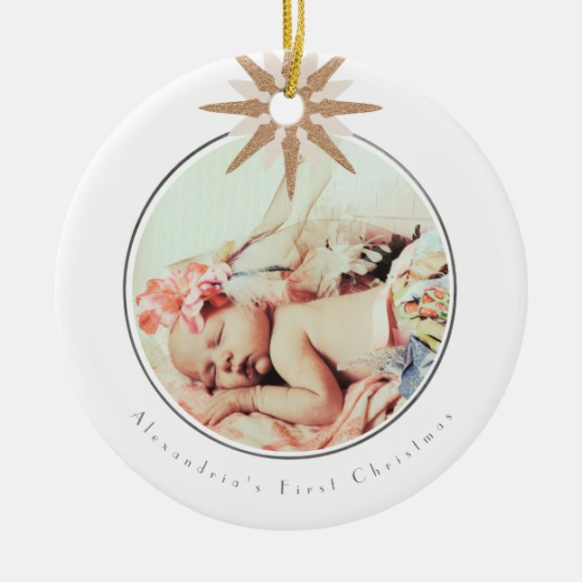Baby Girl First Christmas Pink Snowflake Photo Ceramic Ornament (Front)