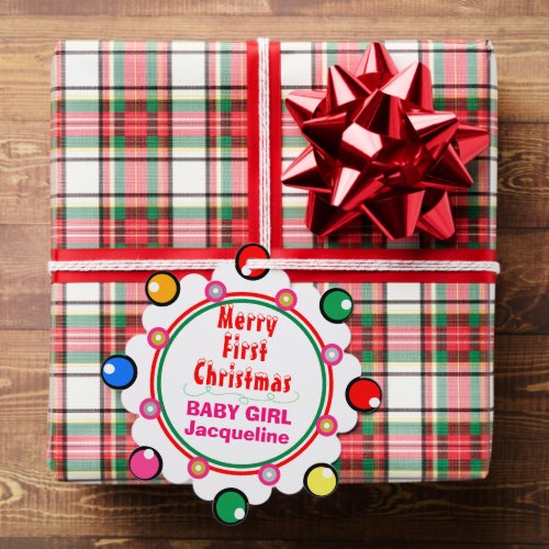 Baby Girl First Christmas Red Green Blue Pink Ornament Card