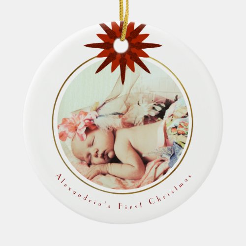 Baby Girl First Christmas Red Snowflake Photo Ceramic Ornament